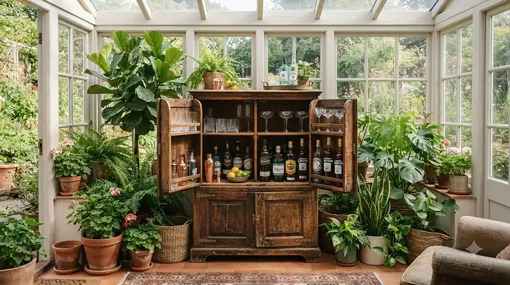 Rustic distressed finish locking wine cabinet for home situated in a bright conservatory