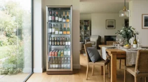 Secure locking wine cabinet for home holding bottles in a contemporary dining space