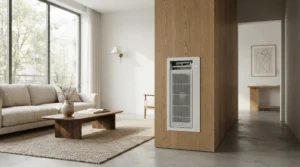 A self-contained through wall wine cellar cooler maintaining ideal conditions in a modern kitchen alcove.
