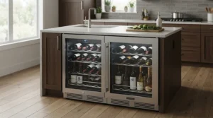 Compact under-counter wine storage cabinet ideal for space-saving storage in a London flat kitchen.