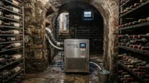 Advanced split system wine cellar cooling unit maintaining precise humidity in a coastal property