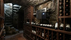 A sleek split system wine cellar cooling unit installed in a custom-built London townhouse cellar