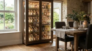 Tall oak wine storage cabinet with glass doors, displaying vintage bottles in a sophisticated dining space.