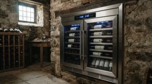 Modern climate-controlled wine storage cabinet humming quietly in a home cellar or basement conversion.