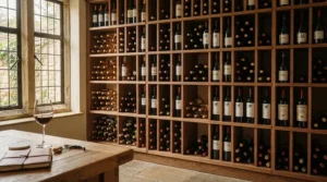 Traditional solid oak wine storage cabinet featuring classic cross-hatch racking in a period property.