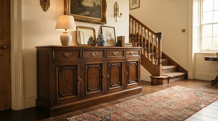 Traditional wooden wine sideboard and credenza with drawer storage in a classic hallway