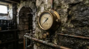 A classic-styled wine cellar hygrometer mounted against a rustic Cotswold stone wall in a country home.
