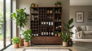 Dark walnut wine sideboard and credenza featuring built-in bottle racks in a living space