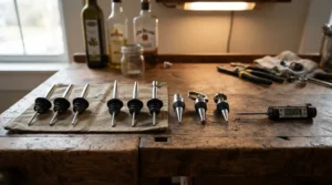 A complete cellar accessory bundle featuring items from a wine cellar accessories starter kit on a workbench.