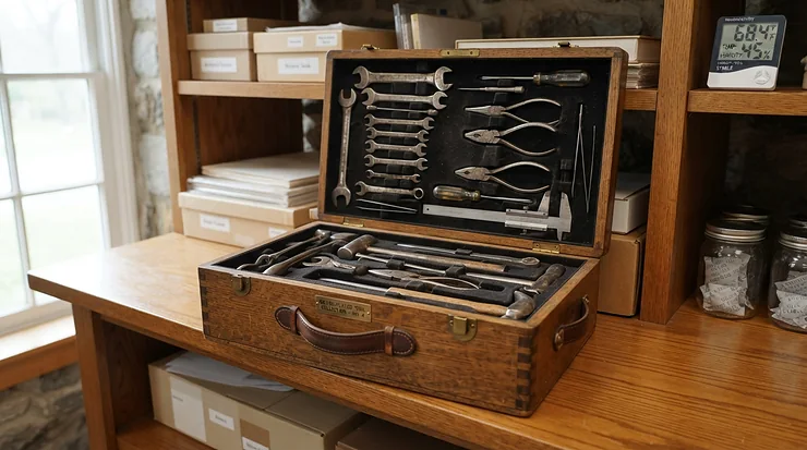 A newly arranged wine cellar accessories starter kit sitting proudly on a shelf in a domestic storage room.