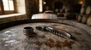 Essential tools from a wine cellar accessories starter kit resting on a cask lid in a subterranean vault.