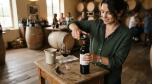 A first-time collector using items from their wine cellar accessories starter kit on a tasting table.