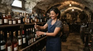A beginner collector organizing bottles alongside a wine cellar accessories starter kit in a residential vault.