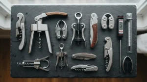 A comprehensive wine cellar accessories starter kit laid out neatly on a slate countertop for a first cellar setup.