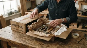 Unboxing a wine cellar accessories starter kit on a wooden table with tissue paper and newly unpacked tools.