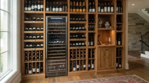 A concealed wine cellar cooling unit for small cellar joinery projects integrated into bespoke cabinetry.