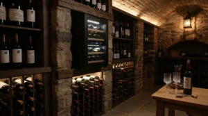 An efficient wine cellar cooling unit for small cellar applications operating quietly in a suburban townhouse.