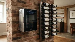 A wall-mounted wine cellar cooling unit for small cellar spaces inside a converted industrial apartment.