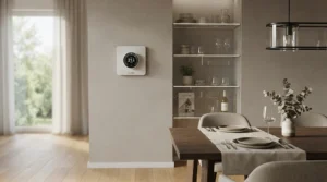 A quiet wine cellar cooling unit for small cellar setups maintaining ideal temperatures in a domestic dining room display.