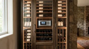 A professional wine cellar cooling unit for small cellar installations managing humidity in a compact cupboard conversion.