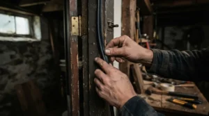 Installing a wine cellar door seal for temperature control on a timber basement entrance to stop draughts