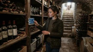 A collector checking a wine cellar hygrometer display to ensure proper humidity levels for rare vintages.