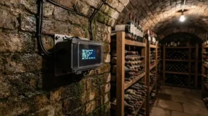 A digital wine cellar hygrometer mounted on a traditional exposed brick wall next to oak shelving filled with vintage bottles.