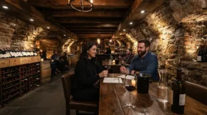Atmospheric ambience created by a wine cellar lighting kit in a subterranean tasting room with leather seating
