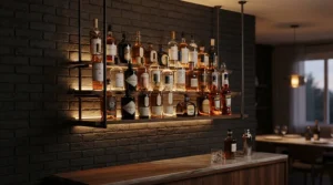 A wine cellar lighting kit highlighting a floating glass and metal bottle display in a contemporary dining room