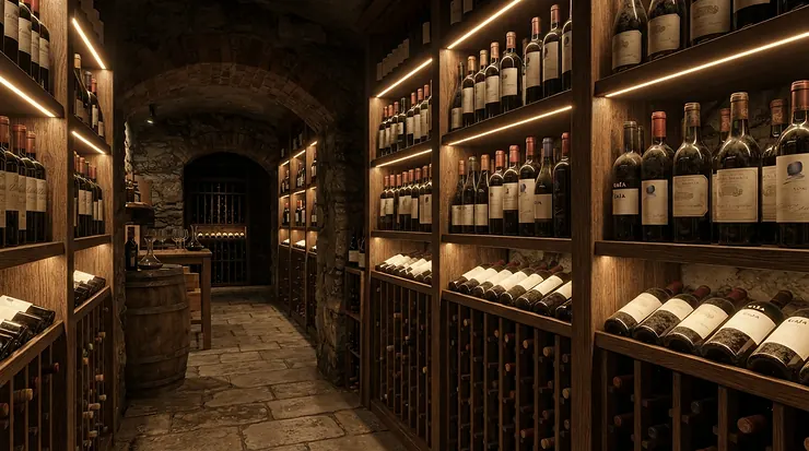 A professionally installed wine cellar lighting kit illuminating bespoke oak racks in a modern residential basement