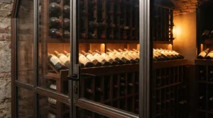 A wine cellar lighting kit featuring UV-protected illumination to preserve rare vintage red wine bottles