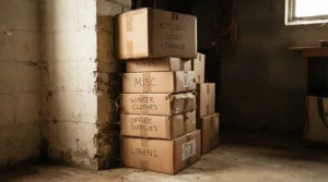 Several wine storage boxes for cellar use stacked neatly in a basement corner, showing sturdy cardboard construction.
