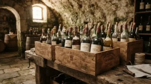 Classic wine storage boxes for cellar curation holding various vintage bottles safely.
