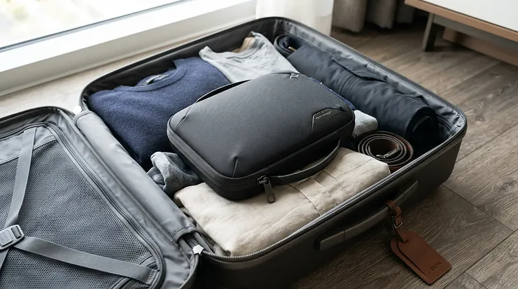 A securely packed wine travel bag nestled between clothes inside a holiday suitcase
