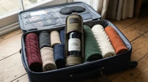 A wine travel bag surrounded by rolled garments in a holiday suitcase