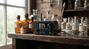 A wireless wine cellar hygrometer resting neatly on a bespoke wooden storage rack amongst fine wine bottles.