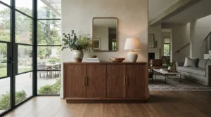Large wooden wine cabinet with doors providing ample storage for bottles