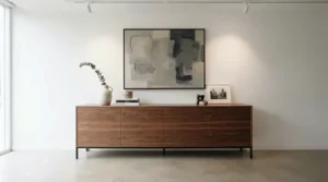 Minimalist handleless wooden wine cabinet with doors in a neutral setting