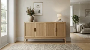 Solid oak wooden wine cabinet with doors standing in a modern living room