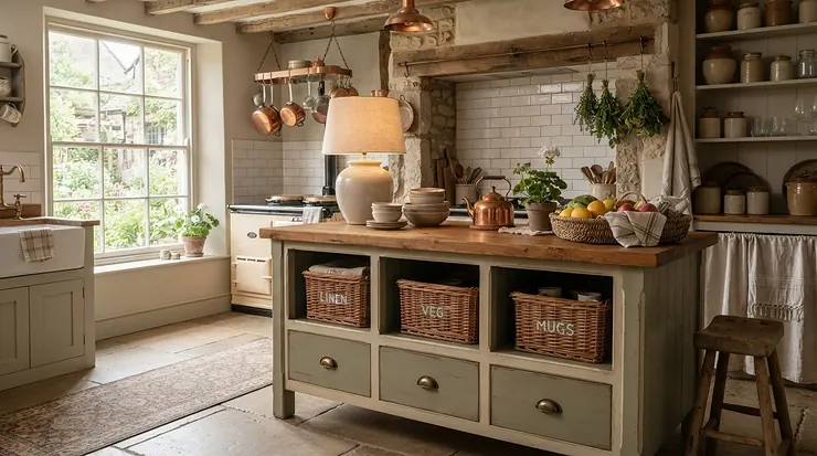 Grey painted wooden wine cabinet with doors and natural wood top