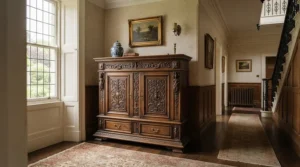 Traditional carved wooden wine cabinet with doors for classic home decor