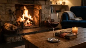Enjoying a rich red wine in the best bordeaux glasses next to a cosy living room fireplace