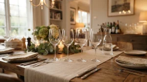A coordinated set of six best bordeaux glasses arranged for a dinner party in a London townhouse