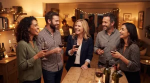 Friends raising a toast with best bordeaux glasses during a lively evening celebration
