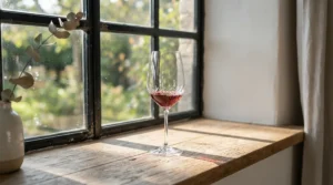 Artisanal mouth-blown crystal riedel bordeaux glasses catching the afternoon sun