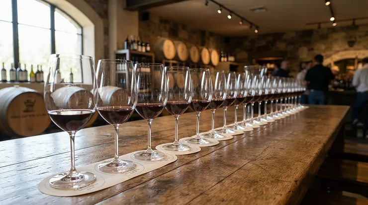 A collection of riedel bordeaux glasses lined up for a professional tasting event