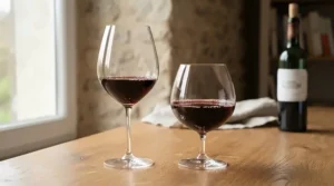 A diagram style setup showing riedel bordeaux glasses alongside universal red wine glasses