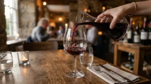 Deep red wine poured into elegant riedel bordeaux glasses during a Sunday roast