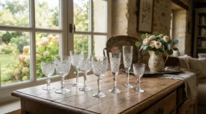 The classic riedel bordeaux glasses from the popular Vinum collection on a wooden sideboard