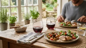 Modern stemless best bordeaux glasses used during a relaxed weekend Sunday roast
